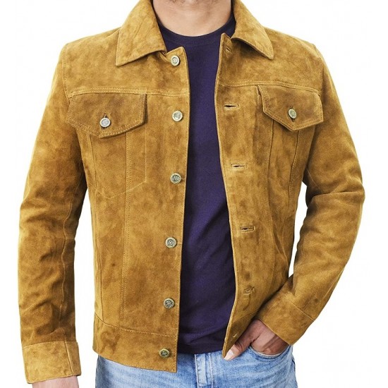 Mens Suede Leather Trucker Jacket - Classic Motorcycle Western Goat Leather Coat