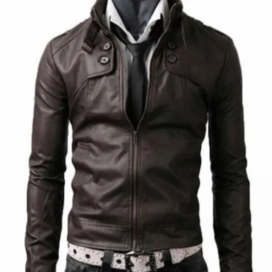 Men’s Belted Buckle Collar Slim Fit Dark Brown Jacket