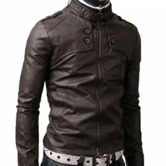 Men’s Belted Buckle Collar Slim Fit Dark Brown Jacket