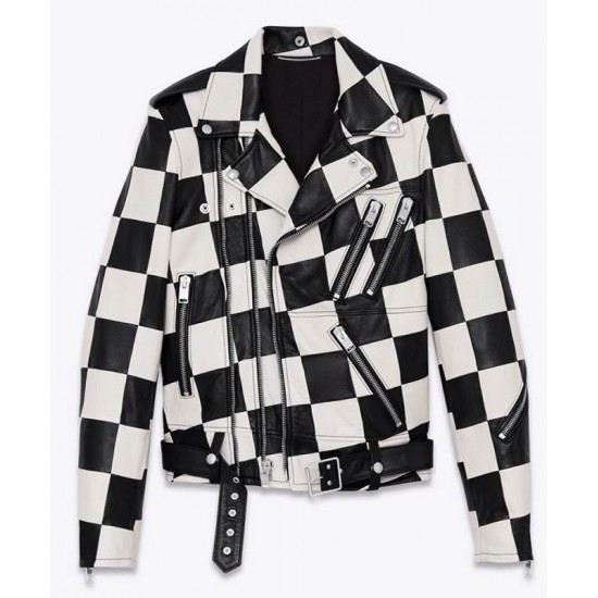 Men’s Biker Asymmetrical Zipper Checkerboard Leather Jacket