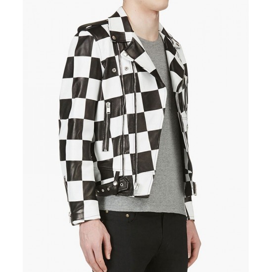 Men’s Biker Asymmetrical Zipper Checkerboard Leather Jacket