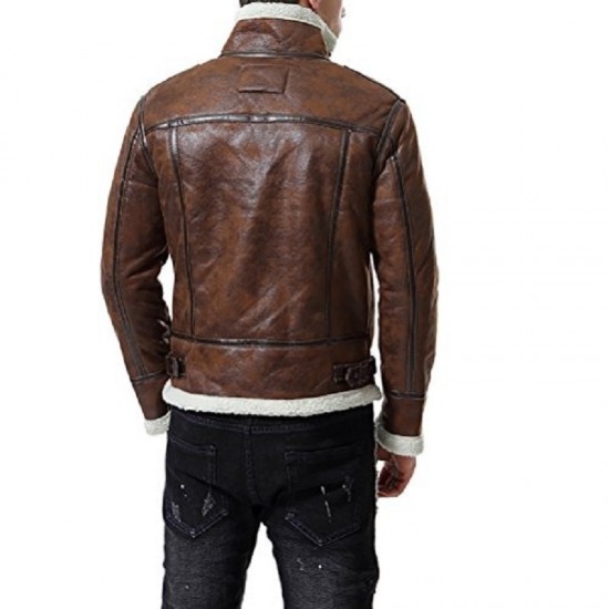 Men’s Biker Shearling Bomber Distressed Brown Leather Jacket