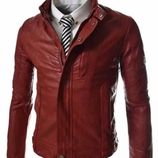 Men’s Casual Slim Fit Snap Tab Collar Red Faux Leather Jacket