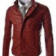 Men’s Casual Slim Fit Snap Tab Collar Red Faux Leather Jacket