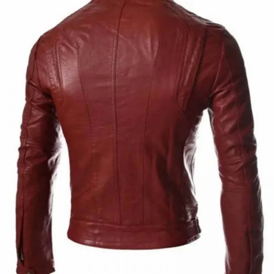 Men’s Casual Slim Fit Snap Tab Collar Red Faux Leather Jacket