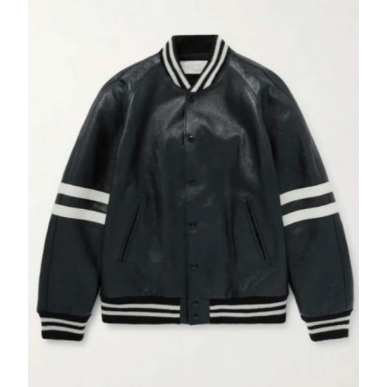 Men’s Homme Striped Black Leather Bomber Jacket