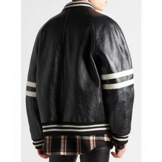 Men’s Homme Striped Black Leather Bomber Jacket