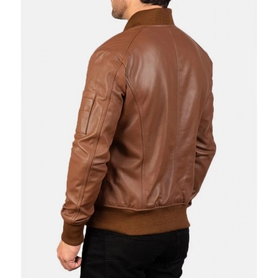 Men’s MA-1 Flight Brown Leather Bomber Jacket