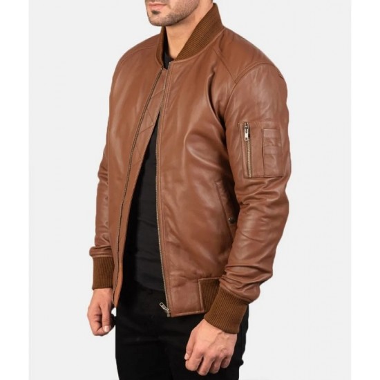 Men’s MA-1 Flight Brown Leather Bomber Jacket