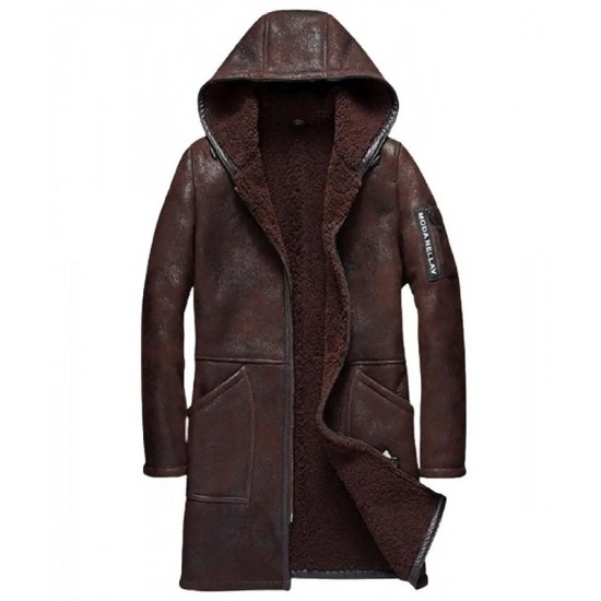 Men’s Moda Nellav Dark Brown Shearling Leather Hooded Coat