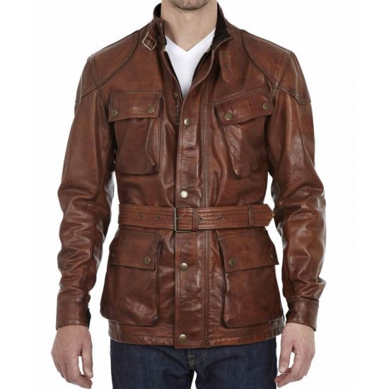 Men’s Motorcycle Belted Waxed Leather Jacket