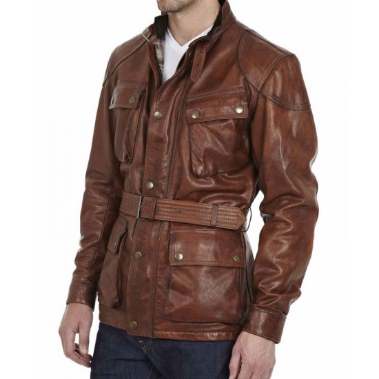 Men’s Motorcycle Belted Waxed Leather Jacket