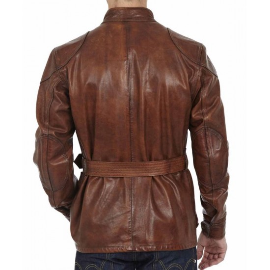 Men’s Motorcycle Belted Waxed Leather Jacket