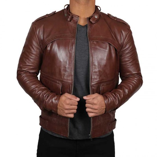 Men’s Motorcycle Leather Brown Padded Shoulder Jacket