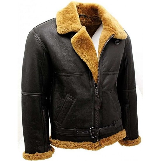 Men’s RAF Real Shearling Sheepskin Flying Leather Jacket with Ginger Fur