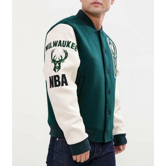 Milwaukee Bucks Green and White Letterman Jacket