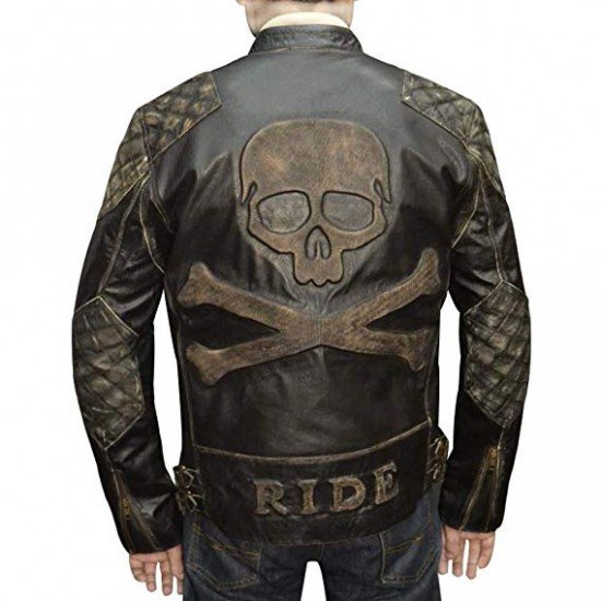 NEW Men’s Biker Reinforced Vintage Distressed Black With Skull Leather Jacket