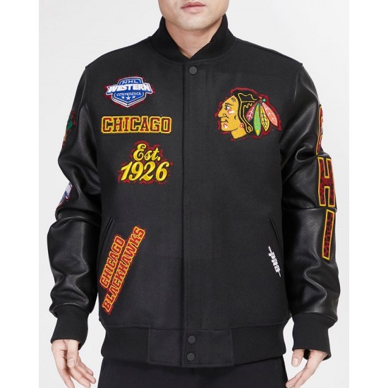 NHL Chicago BlackHawks Animal Print Rib Varsity Jacket