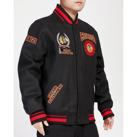 NHL Chicago BlackHawks Crest Emblem Rib Varsity Jacket