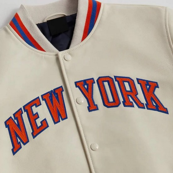 NY Knicks Varsity Cream Leather Jacket