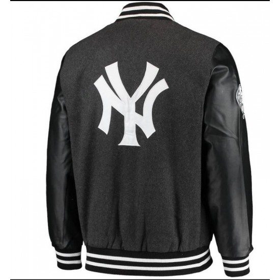 NY Yankees Gray And Black Wool Leather Jacket