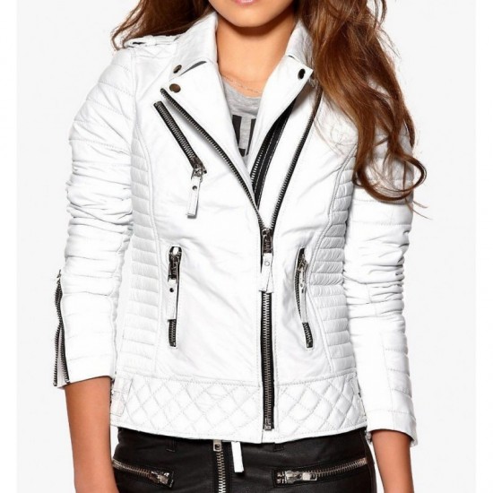 New Fashion Style Women's Leather Jacket Motorcycle Bomber Biker White Real Leather Jacket Women