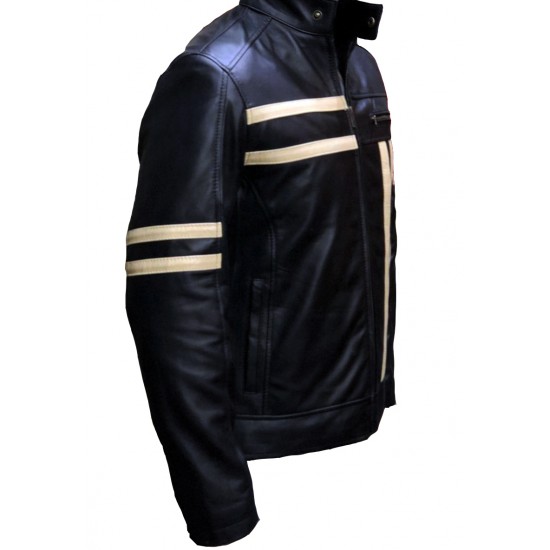 New Men's Cruise Cafe Racer Stripe Biker Leather Jacket