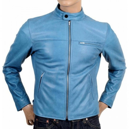 New Men's Dodge Mens Sky Blue Motorcycle Style Leather Jacket