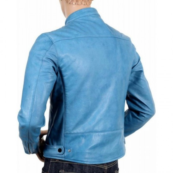 New Men's Dodge Mens Sky Blue Motorcycle Style Leather Jacket