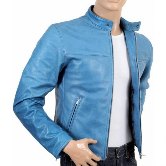 New Men's Dodge Mens Sky Blue Motorcycle Style Leather Jacket