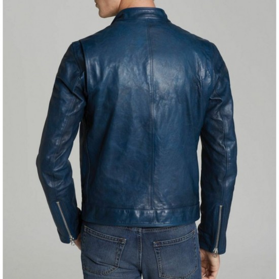 New Men's Handmade Navy Blue Lambskin Slim Fit Motorcycle Leather Jacket