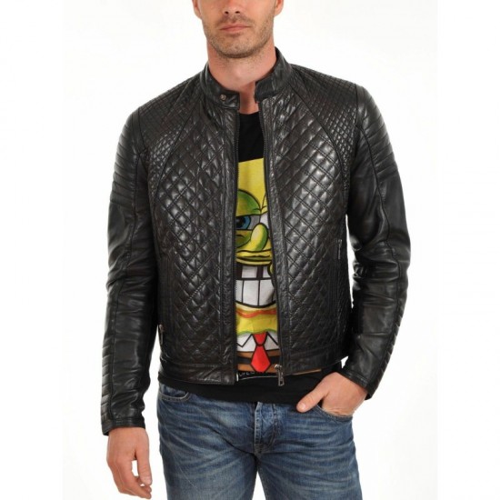 New Men's Leather Skin Black Diamond Quilted Genuine Leather Jacket