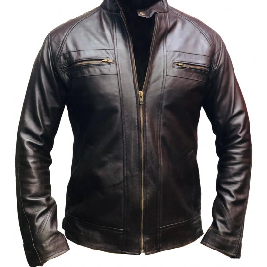 New Men's Quilted Cafe Racer Biker Leather Jacket