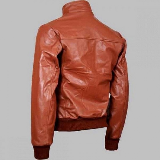 New Men's Tan Leather Bomber Jacket