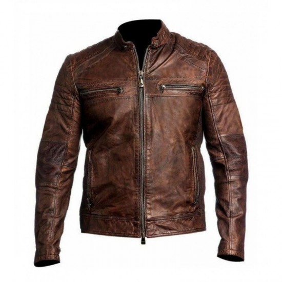 New Mens Biker Vintage Motorcycle Cafe Racer Brown Distressed Leather Jacket