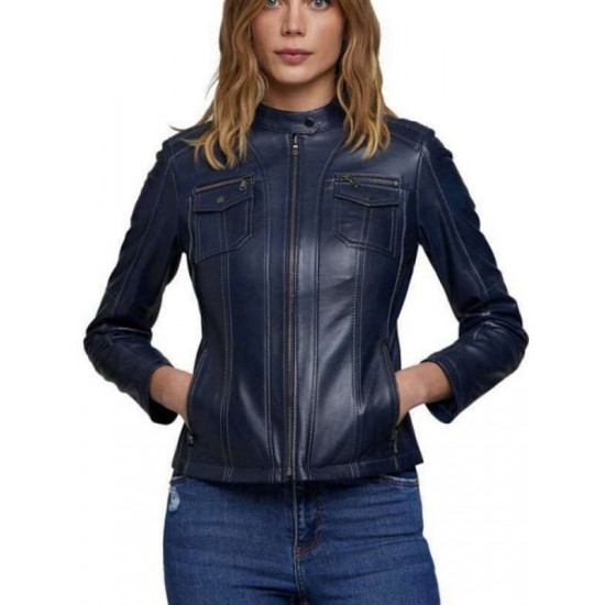 New Stylish Navy Blue Motorcycle Slimfit Leather Jacket For Women