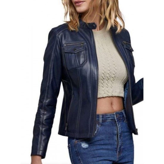 New Stylish Navy Blue Motorcycle Slimfit Leather Jacket For Women