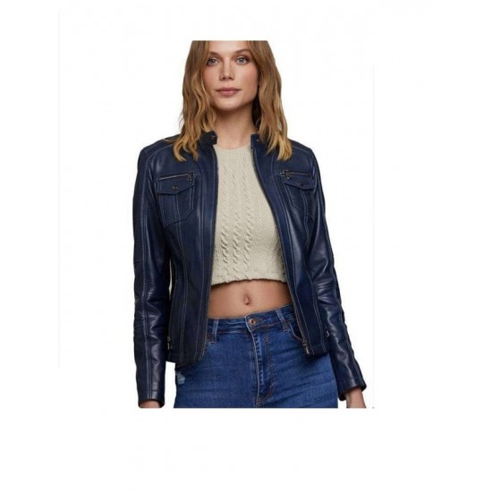 New Stylish Navy Blue Motorcycle Slimfit Leather Jacket For Women