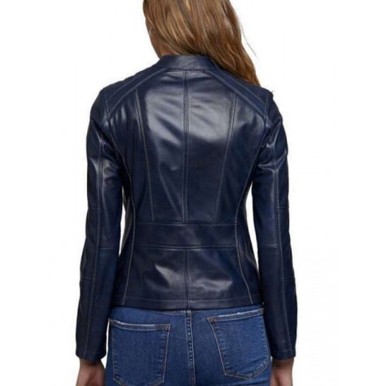 New Stylish Navy Blue Motorcycle Slimfit Leather Jacket For Women