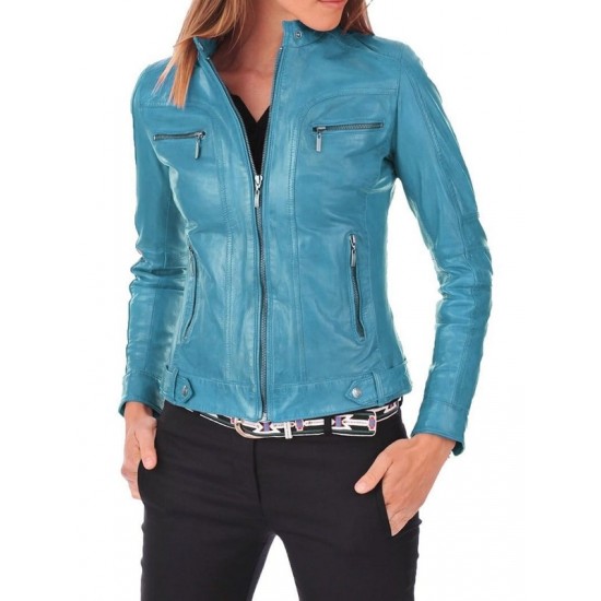 New Stylish Turquoise Blue Leather Jacket For Women