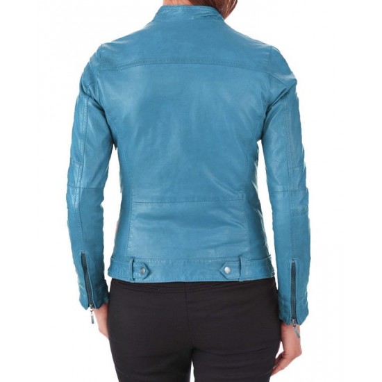 New Stylish Turquoise Blue Leather Jacket For Women