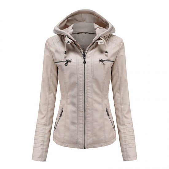 New Women's Hoodie Biker Leather Jacket