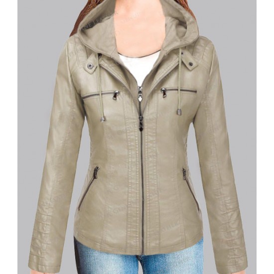 New Women's Removable Hoodie Leather Jacket