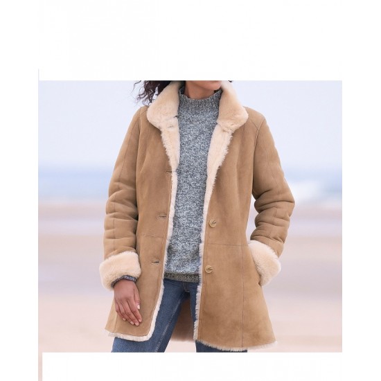 New Womens Beige Sherling Fur Coat