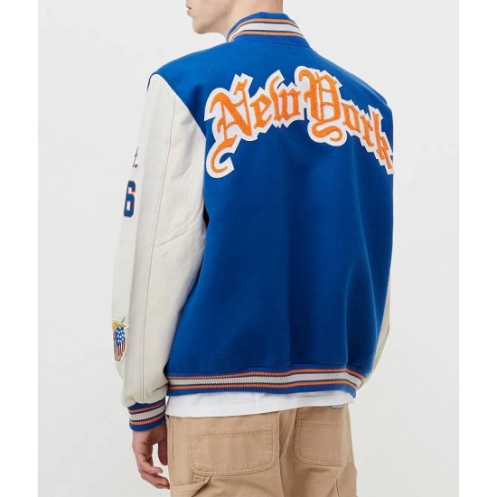 New York Knicks Blue Wool and White Leather Letterman Jacket