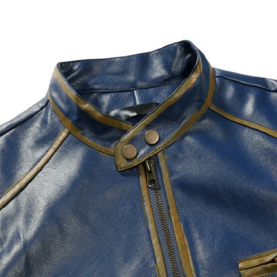 Old Splice Stand Collar Leather Blue Jacket