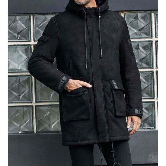 Outwear Winter Fur Coat Black Sheepskin Leather Overcoat