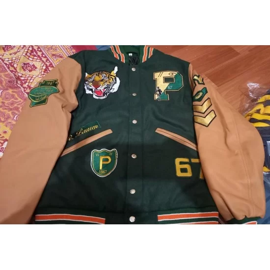 Polo by Ralph Lauren, Jackets & Coats, Polo Ralph Lauren Green Wool Brown  Leather Letterman Varsity Jacket Rl Tiger