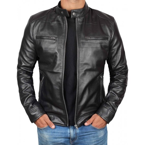 Real Lambskin Motorcycle Style Men's Leather Jacket