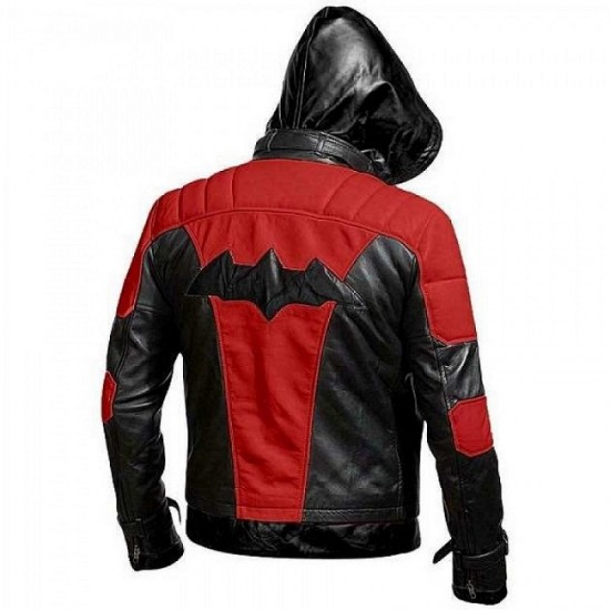 Red Hood Jacket Mens Arkham Jason Todd Bat Logo Costume Biker Leather Jacket